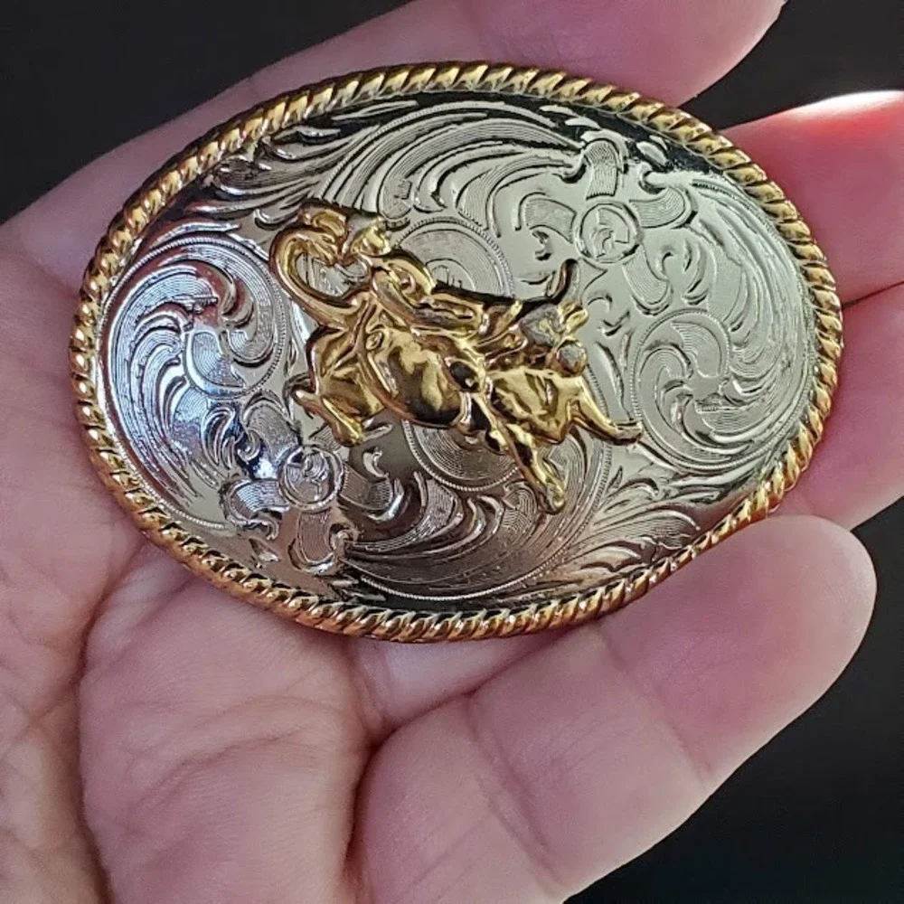 Western Bull Rider Belt Buckle Silver Gold Tone Engraved Filigree Rope Edge Oval